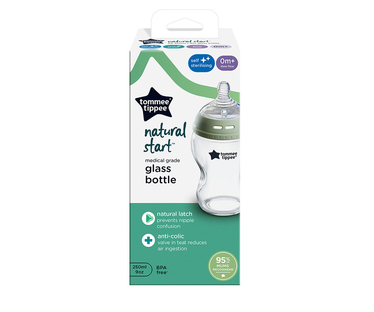 Стъклено шише с биберон без протичане 0м+ Tommee Tippee Natural Start, 250мл