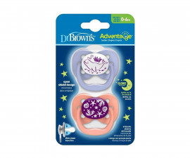 Ортодонтска силиконова залъгалка Dr.Browns Advanrage, 0-6м, 1 етап, 2 броя, розови светещи 72239318997
