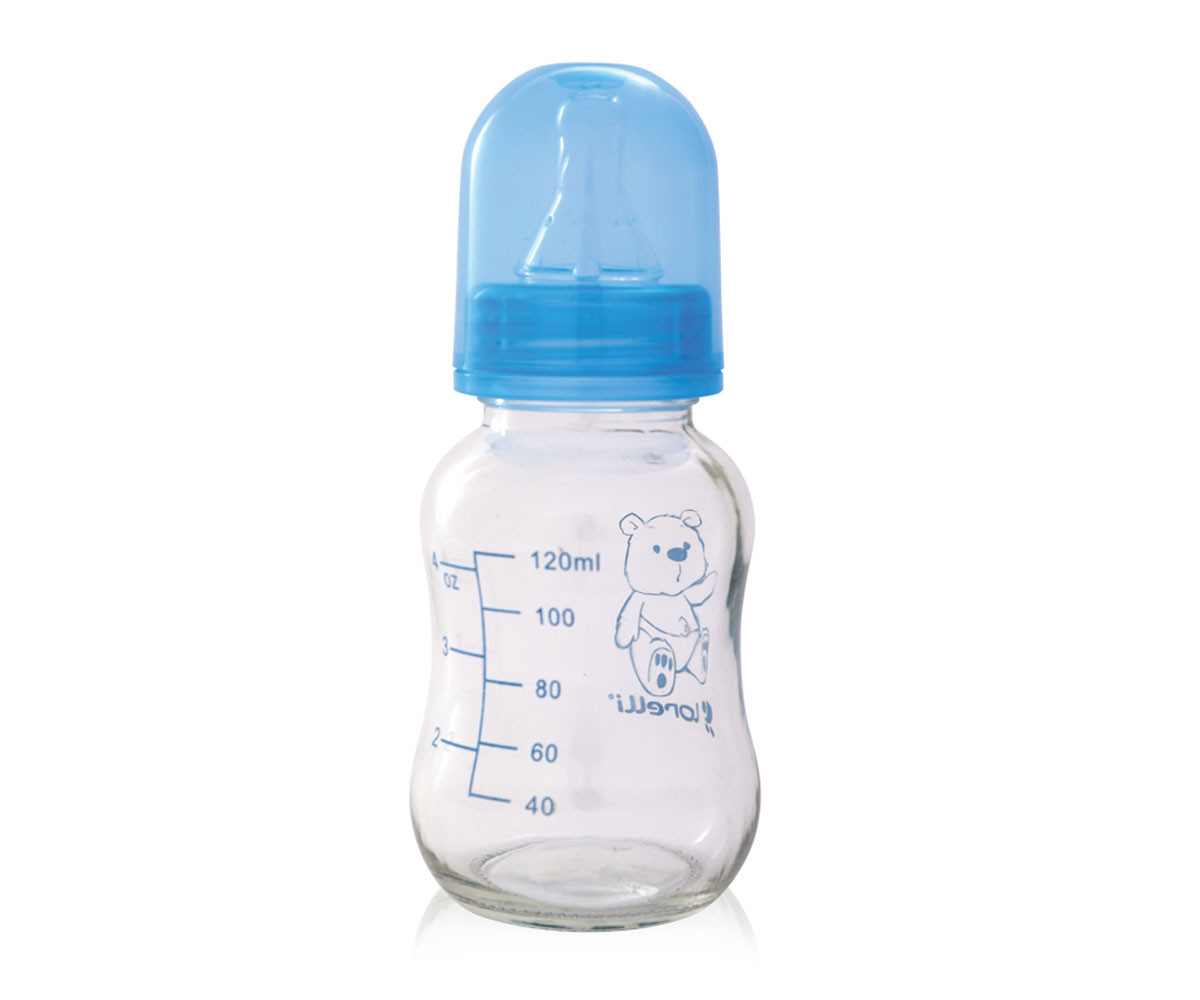 Бебешко стъклено шише за храна и вода със синя капачка Lorelli, 120мл 10200610002