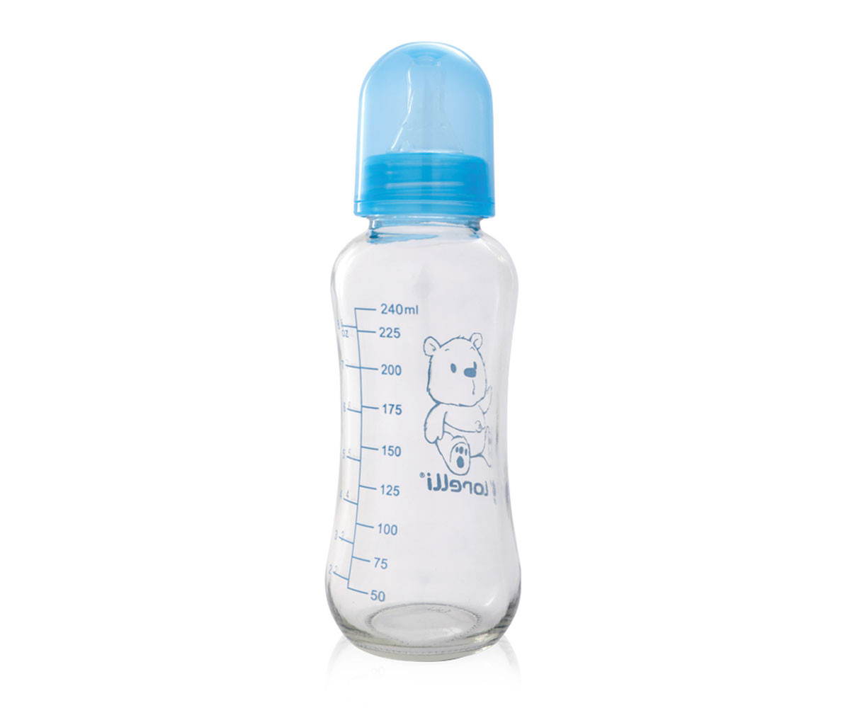 Бебешко стъклено шише за храна и вода със синя капачка Lorelli, 240мл 10200620002