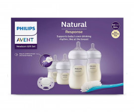 Подаръчен комплект за новородено с 4 шишета за хранене с биберони без протичане, залъгалка Ultra Soft и четка за почистване Philips-Avent Natural Response 3.0 00A.0600.001