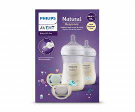 Подаръчен комплект за бебе с 2 шишета за хранене х 260 мл с биберони без протичане поток 3 и 2 залъгалки Ultra Air, 1м+ Philips-Avent Natural Response 3.0 00A.0603.001