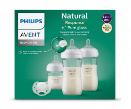Комплект за подарък за новородено с 3 стъклени шишета за хранене с биберони без протичане и залъгалка Ultra Soft 0-6м Philips-Avent Natural Response 3.0 00A.0602.001 / SCD878/11