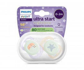 Ортодонтска залъгалка светеща в тъмното Philips-Avent Ultra Start Night, 2 броя, със стерилизираща кутийка, луна/звезда, момиче, 0-2м 00A.0635.001