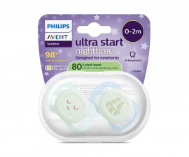 Ортодонтска залъгалка светеща в тъмното Philips-Avent Ultra Start Night, 2 броя, със стерилизираща кутийка, sleep, момче, 0-2м 00A.0636.001