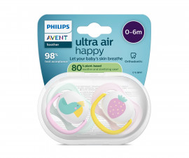 Ортодонтска залъгалка Philips-Avent Ultra Air, 2 броя, със стерилизираща кутийка, папагал/ягода, момиче, 0-6м 00A.0638.001