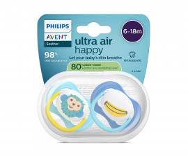 Ортодонтска залъгалка Philips-Avent Ultra Air, 2 броя, със стерилизираща кутийка, банан/маймунка, син, 6-18м 00A.0639.001