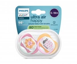 Ортодонтска залъгалка Philips-Avent Ultra Air, 2 броя, със стерилизираща кутийка, цвете/калинка, розов, 6-18м 00A.0640.001