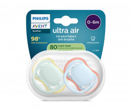 Ортодонтска залъгалка Philips-Avent Ultra Air, 2 броя, със стерилизираща кутийка, пастелни, момче, 0-6м 00A.0641.001