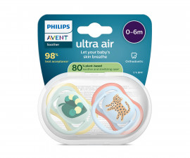 Ортодонтска залъгалка Philips-Avent Ultra Air, 2 броя, със стерилизираща кутийка, леопард/гъсеница, син, 0-6м 00A.0642.001