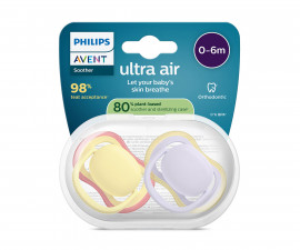Ортодонтска залъгалка Philips-Avent Ultra Air, 2 броя, със стерилизираща кутийка, пастелни, момиче, 0-6м 00A.0643.001