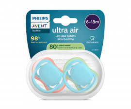 Ортодонтска залъгалка Philips-Avent Ultra Air, 2 броя, със стерилизираща кутийка, зелена/синя, 6-18м 00A.0647.001