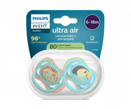 Ортодонтска залъгалка Philips-Avent Ultra Air, 2 броя, със стерилизираща кутийка, тукан/тигър, син, 6-18м 00A.0648.001