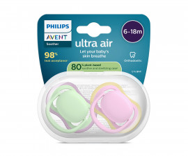Ортодонтска залъгалка Philips-Avent Ultra Air, 2 броя, със стерилизираща кутийка, зелена/розова, 6-18м 00A.0649.001