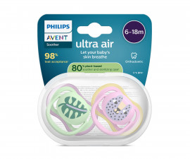 Ортодонтска залъгалка Philips-Avent Ultra Air, 2 броя, със стерилизираща кутийка, листо/коте, момиче, 6-18м 00A.0650.001