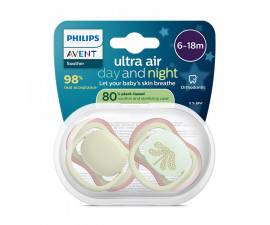Ортодонтска залъгалка светеща в тъмното Philips-Avent Ultra Air Night, 2 броя, със стерилизираща кутийка, ден/нощ, неутрални, 6-18м 00A.0652.001