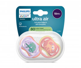 Ортодонтска залъгалка Philips-Avent Ultra Air, 2 броя, със стерилизираща кутийка, хамелеон/маймунка, лилав/оранжев, 18м+ 00A.0654.001