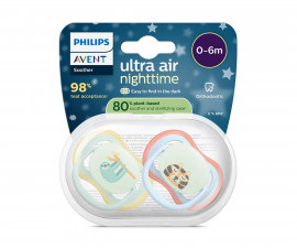 Ортодонтска залъгалка светеща в тъмното Philips-Avent Ultra Air Night, 2 броя, със стерилизираща кутийка, ленивец/тигър, син, 0-6м 00A.0656.001