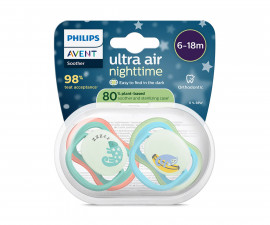 Ортодонтска залъгалка светеща в тъмното Philips-Avent Ultra Air Night, 2 броя, със стерилизираща кутийка, хамелеон/маймунка, син, 6-18м 00A.0659.001