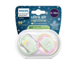 Ортодонтска залъгалка светеща в тъмното Philips-Avent Ultra Air Night, 2 броя, със стерилизираща кутийка, птица/пеперуда, розов, 6-18м 00A.0660.001