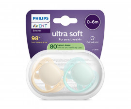 Ортодонтска залъгалка Philips-Avent Ultra Soft, 2 броя, със стерилизираща кутийка, пастелни, жълт/син, 0-6м 00A.0663.001