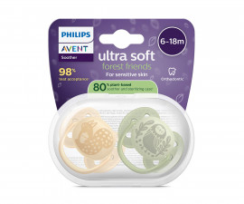 Ортодонтска залъгалка Philips-Avent Ultra Soft, 2 броя, със стерилизираща кутийка, птица/катерица, неутрални, 6-18м 00A.0666.001