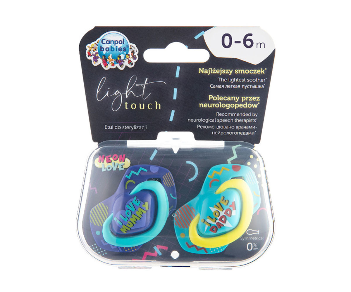 Комплект от симетрични силиконови залъгалки за бебета Canpol Neon Love, 2 броя, 0-6 м, сини 22/652_blu