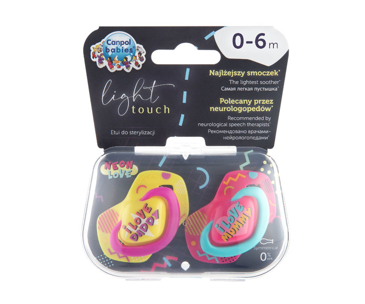Комплект от симетрични силиконови залъгалки за бебета Canpol Neon Love, 2 броя, 0-6 м, розови 22/652_pin