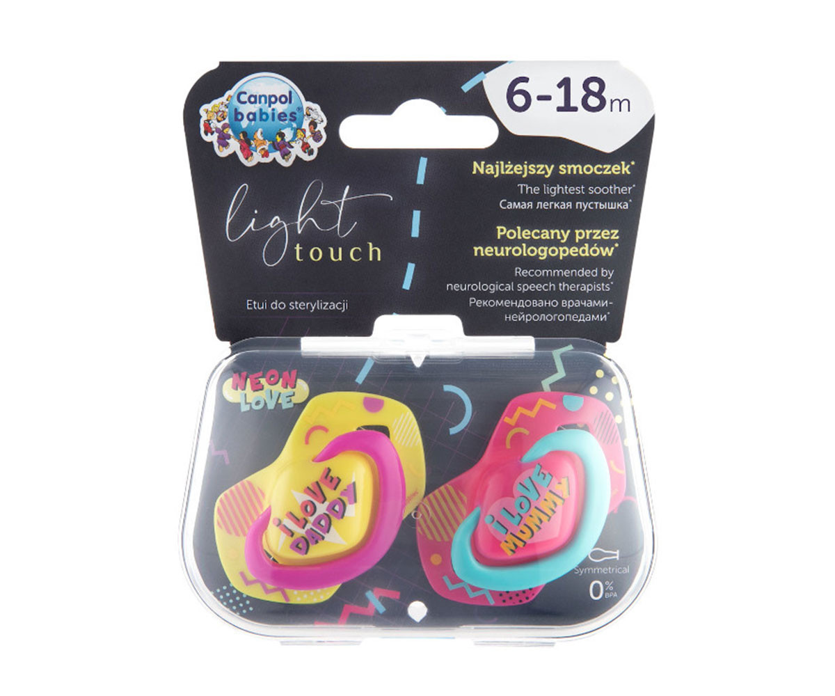 Комплект от симетрични силиконови залъгалки за бебета Canpol Neon Love, 2 броя, 6-18 м, розови 22/653_pin