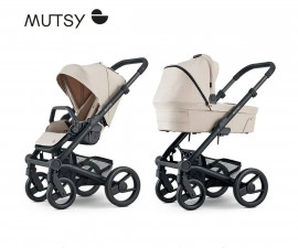Комбинирана количка с обръщаща се седалка за новородени бебета и деца до 22кг с черно шаси, черна дръжка, кош за новородено и седалка със сенник Mutsy Nio Black, Cosmic Sand MT.0550.007