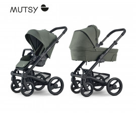 Комбинирана количка с обръщаща се седалка за новородени бебета и деца до 22кг с черно шаси, дръжка, кош за новородено и седалка със сенник Mutsy Nio Black, Sea Green MT.0550.008