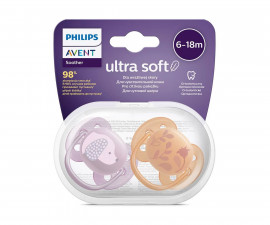 Ортодонтични залъгалки Philips-Avent Ultra Soft, 2 броя, със стерилизираща кутийка, момиче, куче/цвете, 6-18 м 00A.0515.012
