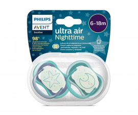 Ортодонтични залъгалки Philips-Avent Ultra Air Night, 2 броя, със стерилизираща кутийка, звезда/луна, 6-18 м 00A.0519.007
