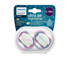 Ортодонтични залъгалки Philips-Avent Ultra Air Night, 2 броя, със стерилизираща кутийка, звезда/ dreams, 6-18 м 00A.0519.008