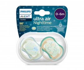 Ортодонтични залъгалки Philips-Avent Ultra Air Night, 2 броя, със стерилизираща кутийка, звезда/сова, 0-6 м 00A.0519.010