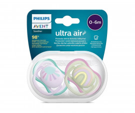 Ортодонтични залъгалки Philips-Avent Ultra Air, 2 броя, със стерилизираща кутийка, лилави слънце/дъга, 0-6 м 00A.0524.008