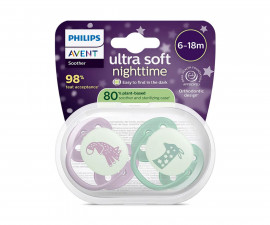 Ортодонтска залъгалка Philips-Avent Ultra Soft Night, 2 броя, със стерилизираща кутийка, пастелни, момиче, 6-18м 00A.0688.001