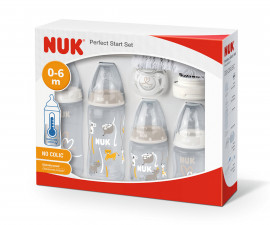 Подаръчен комплект за новородено биберон, шише, залъгалка и четка за почистване Nuk First Choice Perfect Start Temperature Control, 10 части, неутрален 10225267