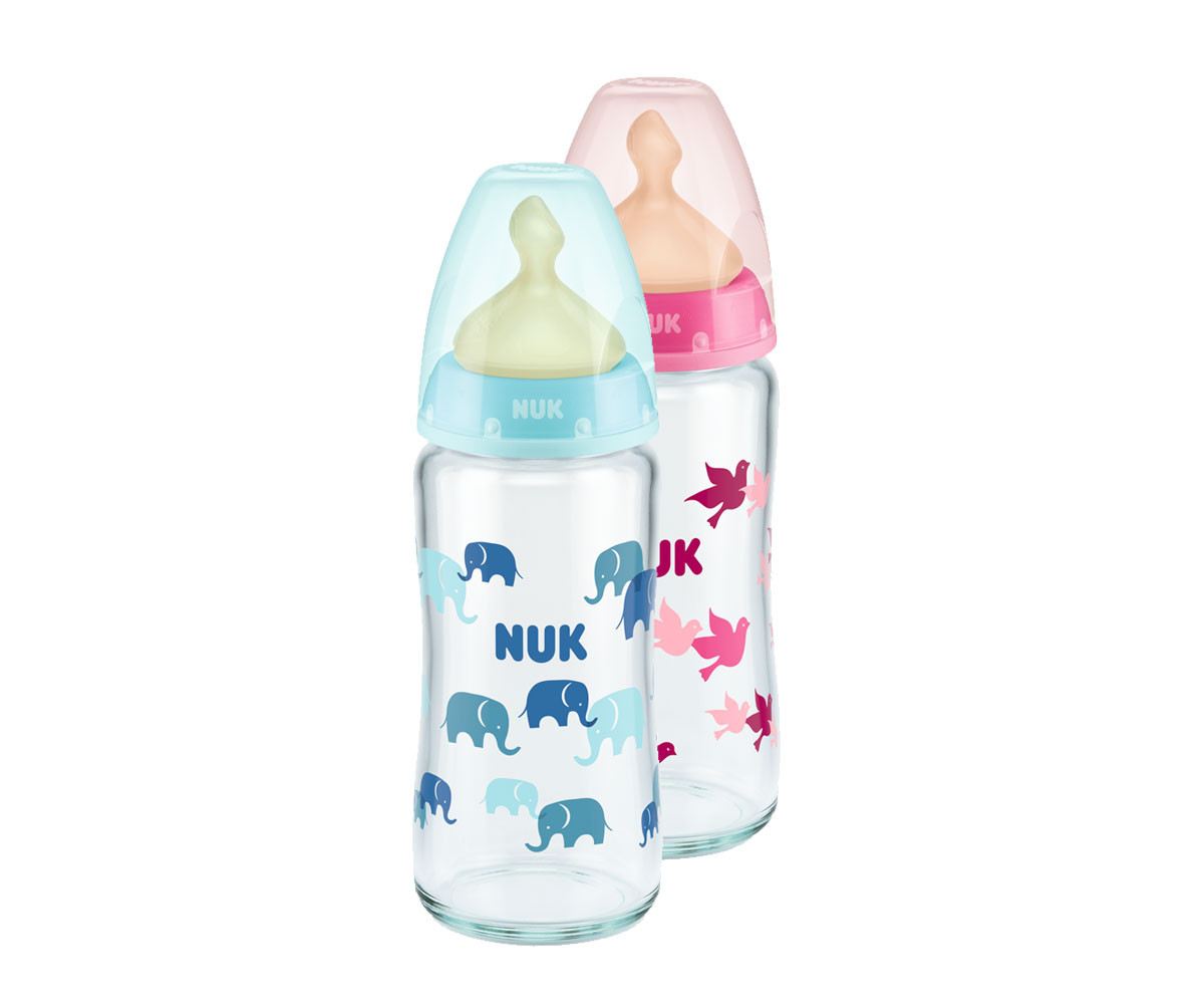 Бебешко стъклено шише за мляко и вода Nuk First Choice Temperature Control, 240мл, каучук, 0-6м, асортимент 10745122