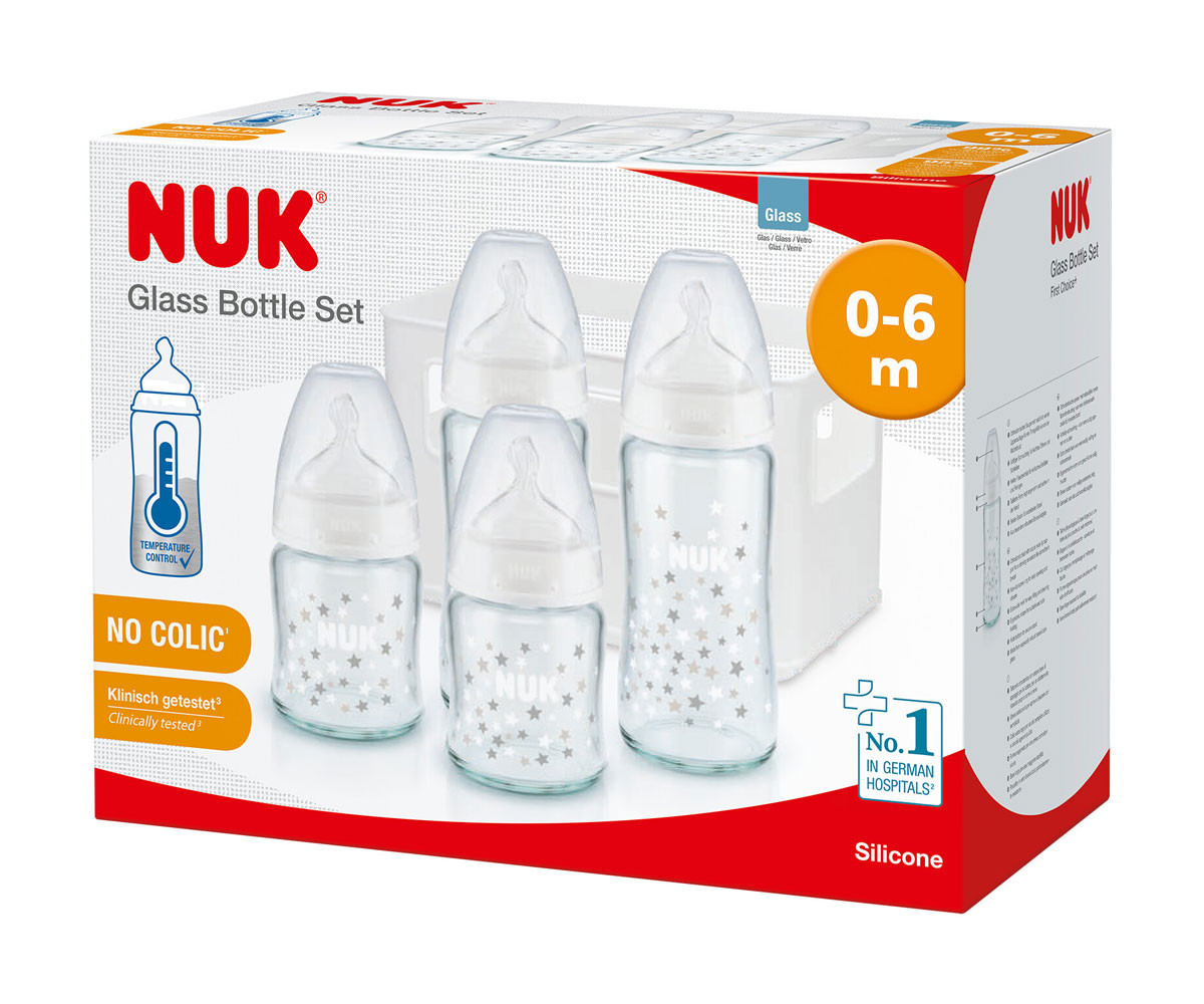 Стартов комплект стъклени шишета Nuk Termo Control First Choice, силикон, 2х240мл, 2х120мл и кошница, 0-6м 10225253