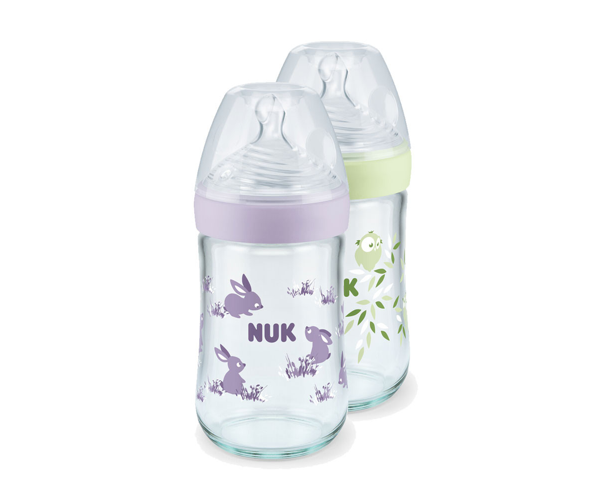Бебешко стъклено шише за мляко и вода Nuk Termo Control Nature Sense, 240мл, силикон, М softer, 0-6м, асортимент 10745117
