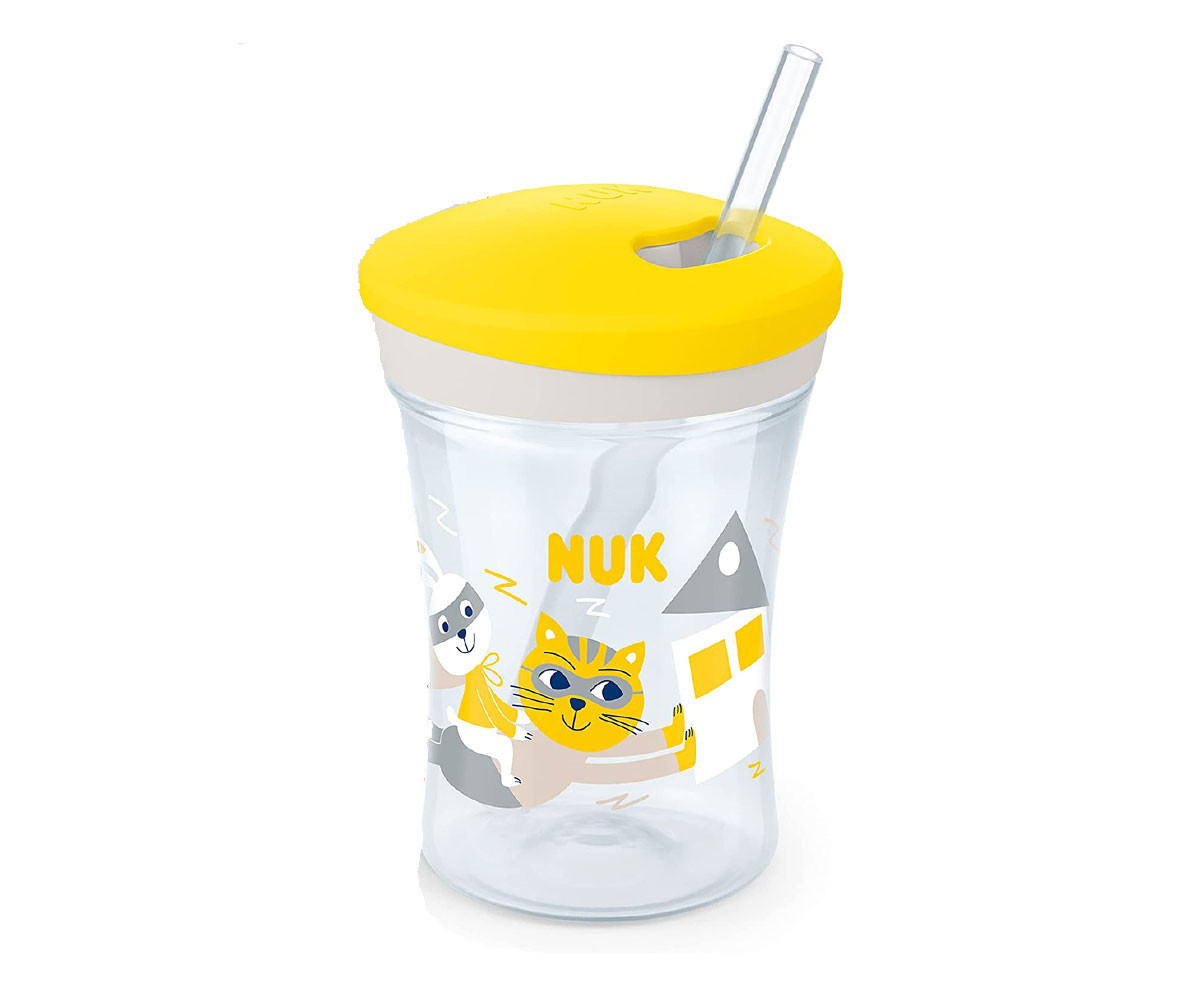 Детска неразливаща се пластмасова чаша със сламка Nuk Evolution Action Cup, 230мл, жълта, 12м+ 10255601