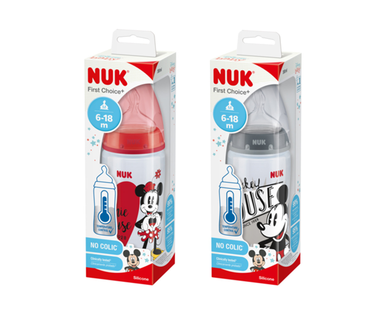 Бебешко шише за вода Nuk First Choice Temperature control, 300 мл, силикон, Mickey Mouse, 6-18м, асортимент за момче и за момиче 10741019