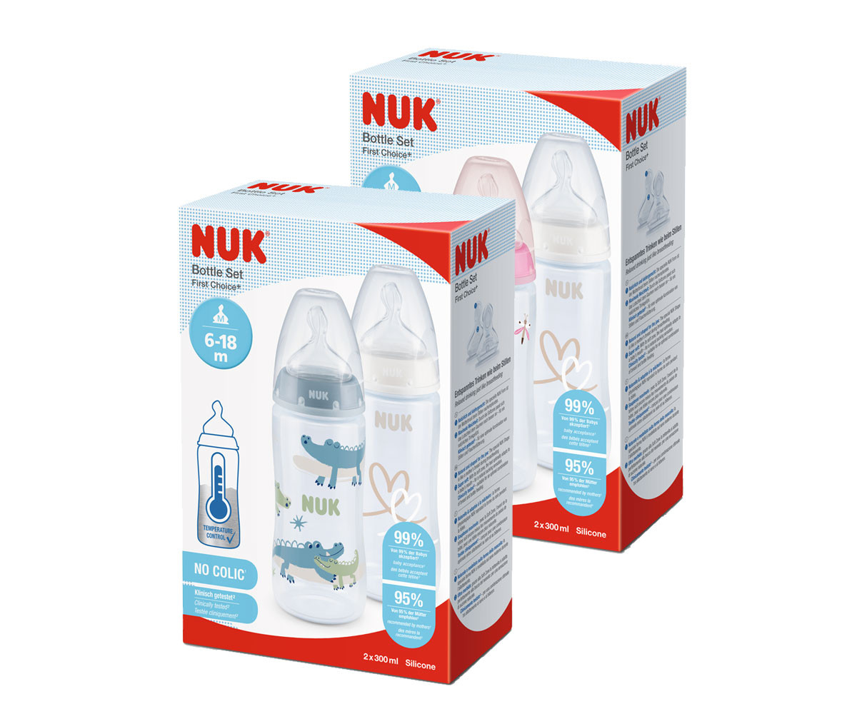 Подаръчен сет пластмасови шишета за новородено със силиконов биберон Nuk Firtst Choice Twin Temperature Control, 6-18 м, 2 броя 10225302