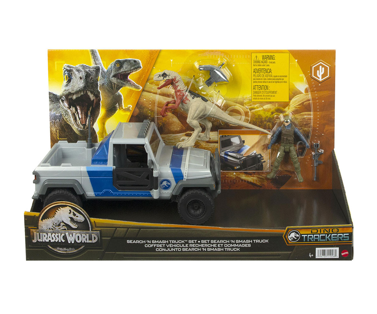 Играчка динозавър за момчета от филма Джурасик свят - Комплект за игра с камион, фигура на човек и динозавър HKY13