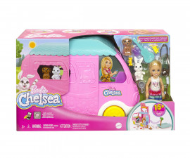 Игрален комплект за деца с кукла Barbie - Кемпер 2 в 1 на Челси с кученце, зайче и 15 аксесоара HNH90
