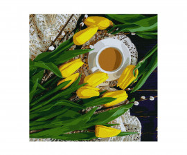 Комплект рисуване по номера с акрилни бои върху платно на подрамка Ideyka, Пролетна закуска, 40 х 40 см - Fistocommerce KHO2997