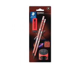 Ученически принадлежности моливи Staedtler Norix 181 HB, 2 броя, гума и острилка, корал 34180-A