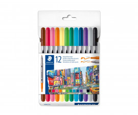 Ученически принадлежности цветни флумастери Staedtler 3200, двувърхи, 12 основни цвята 34185-А