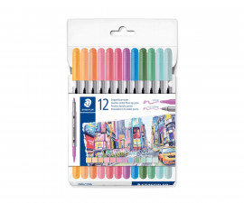 Ученически принадлежности цветни флумастери Staedtler 3200, двувърхи, 12 пастелни цвята 34185-А